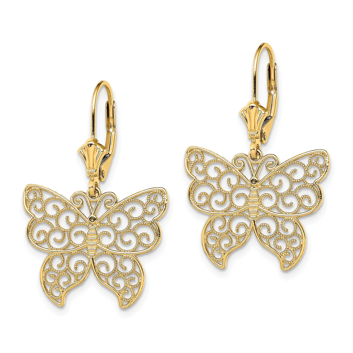 A pair of gold butterfly earrings with filigree patterns on the wings, suspended from lever-back ear wires.