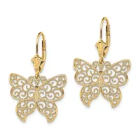 A pair of gold butterfly earrings with filigree patterns on the wings, suspended from lever-back ear wires.