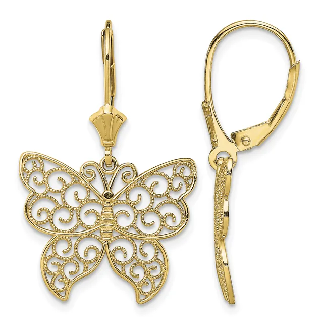 Pair of gold filigree butterfly earrings with lever-back closures, shown from front and side views.