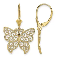 Pair of gold filigree butterfly earrings with lever-back closures, shown from front and side views.