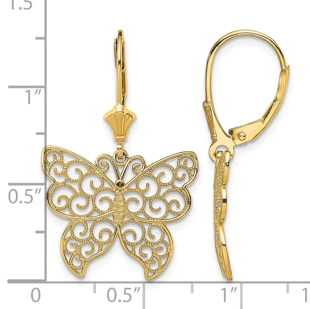 Gold filigree butterfly earrings with leverback closures, shown front and side view next to a measurement scale indicating approximately 1.5 inches in length.