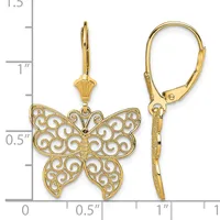 Gold filigree butterfly earrings with leverback closures, shown front and side view next to a measurement scale indicating approximately 1.5 inches in length.