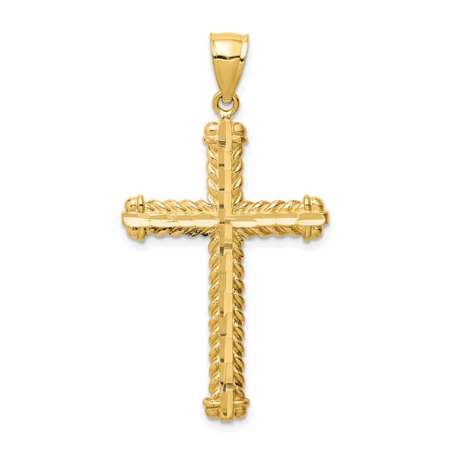 A gold cross pendant with twisted rope detailing along the edges and a small bail loop at the top, displayed against a white background.
