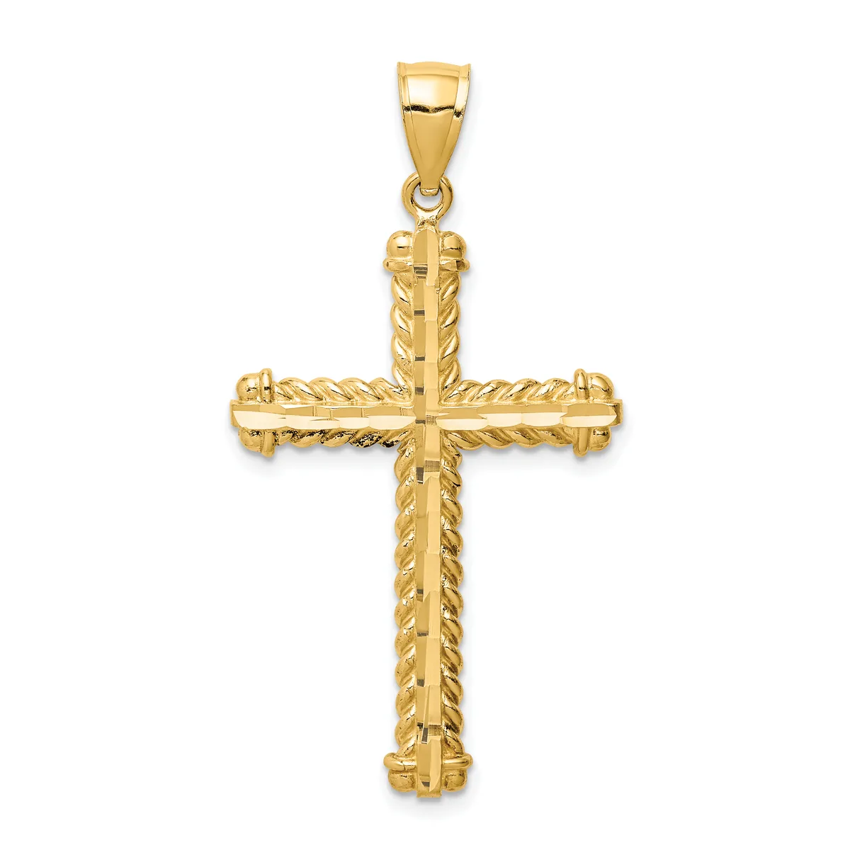 A gold cross pendant with twisted rope detailing along the edges and a small bail loop at the top, displayed against a white background.