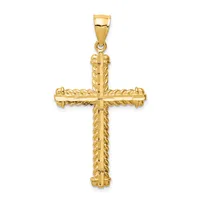 A gold cross pendant with twisted rope detailing along the edges and a small bail loop at the top, displayed against a white background.