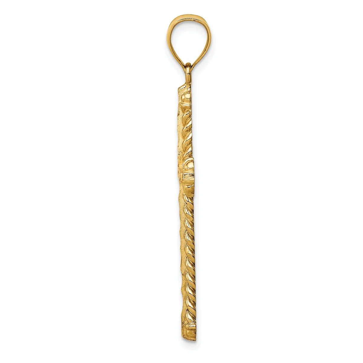 A long, slender gold pendant with twisted rope detailing along its length and a loop attachment at the top.