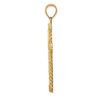 A long, slender gold pendant with twisted rope detailing along its length and a loop attachment at the top.