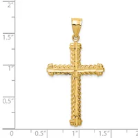 Gold cross pendant with rope-textured edges and center bar, shown against a measurement scale indicating approximately 1.75 inches in height.