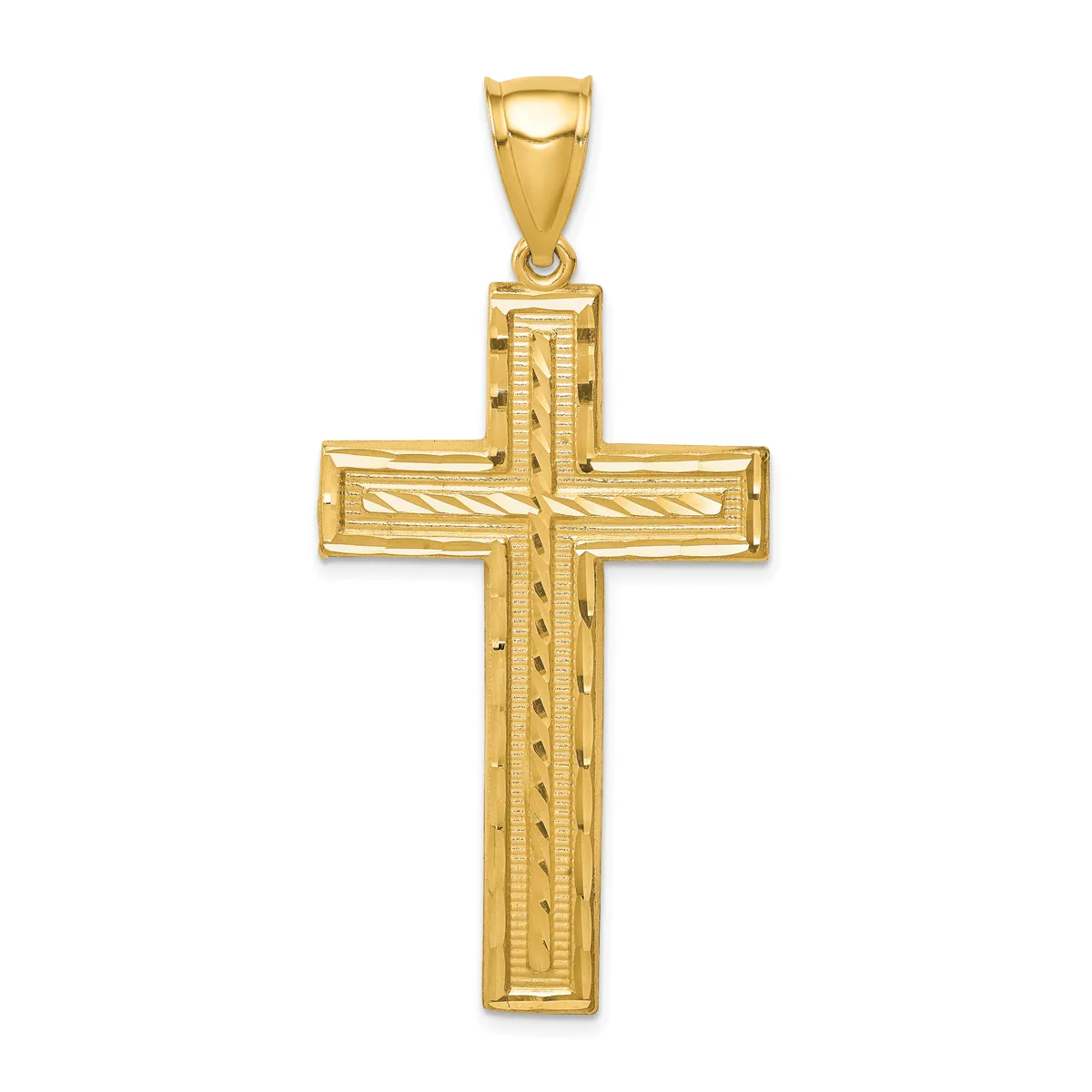 A gold cross pendant with textured linear detailing on its surface and a small bail loop at the top.