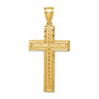A gold cross pendant with textured linear detailing on its surface and a small bail loop at the top.