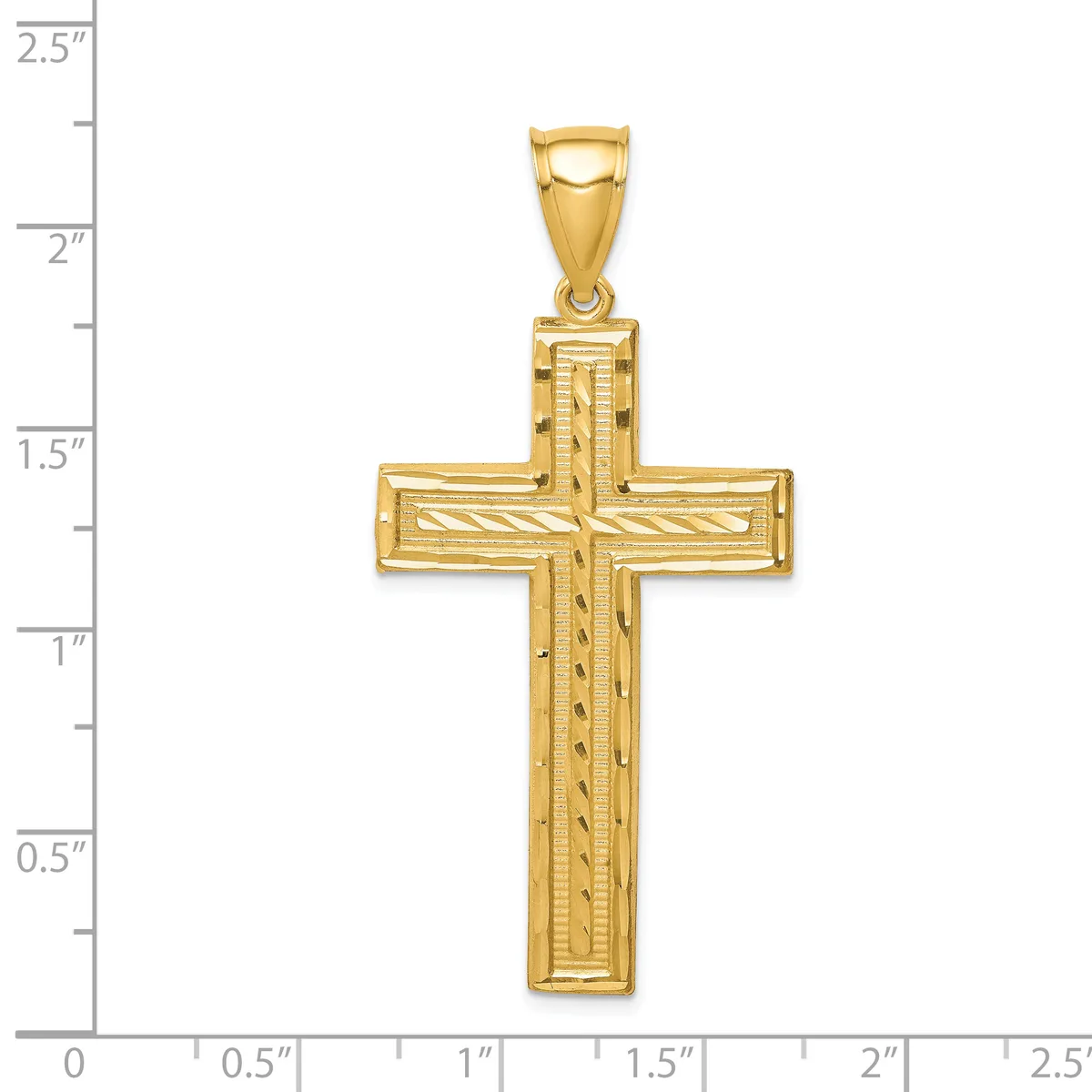 A gold cross pendant with textured surface details and a small bail loop at the top, displayed against a ruler showing its height is approximately 1.75 inches.