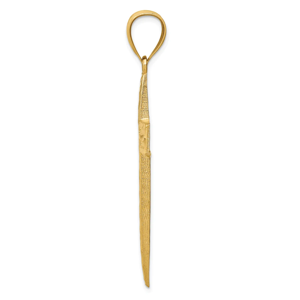 A long, slender gold tool with a pointed tip at the bottom and a loop at the top, displayed against a white background.
