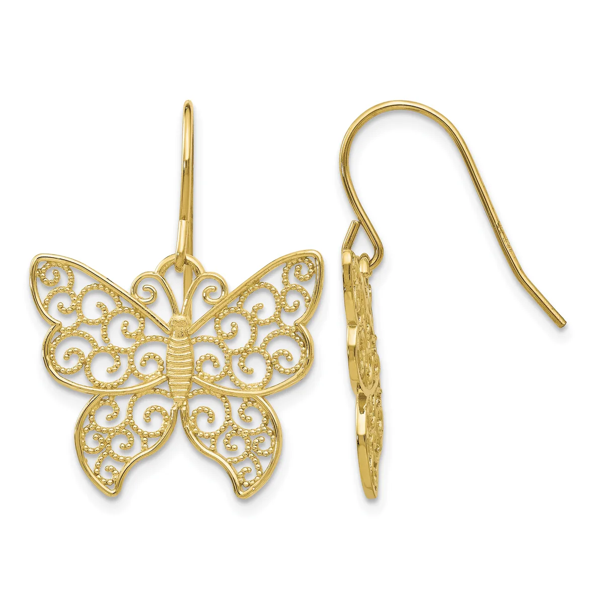 Pair of gold filigree butterfly earrings with French wire hooks, shown from front and side views.
