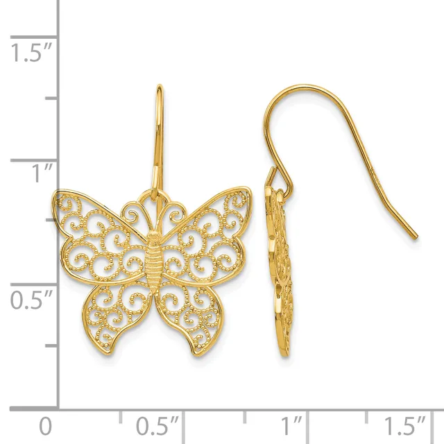 Gold-toned filigree butterfly earrings with French wire hooks, shown front and side view against a measurement scale.