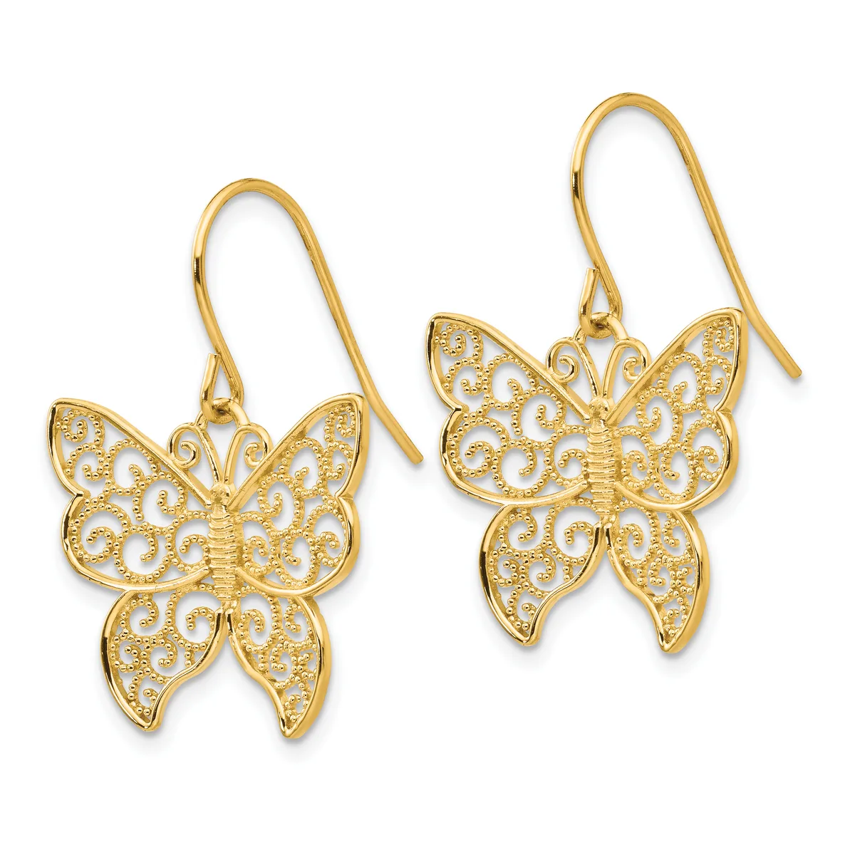 Pair of gold butterfly drop earrings with intricate filigree detailing on the wings, suspended from curved ear wires.