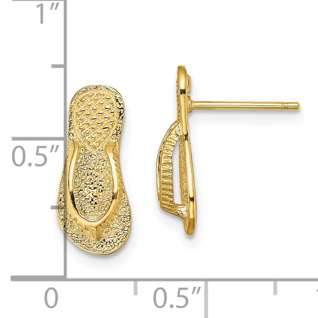 Pair of gold textured oval stud earrings with post backs, shown front and side view against a measurement scale indicating approximately 0.5 inches in length.