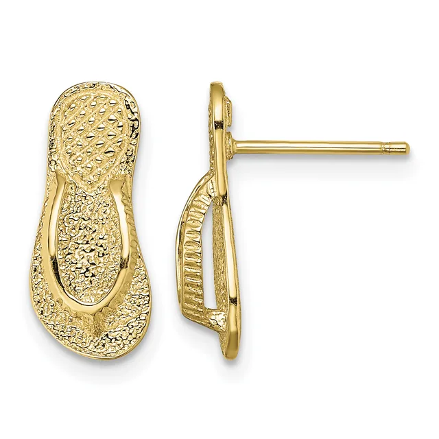 Pair of gold textured flip-flop shaped stud earrings shown from front and side views with posts and backs.