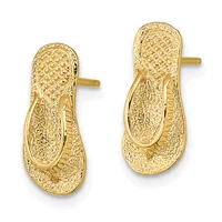 Pair of textured gold-toned flip-flop shaped earrings with post backs, displayed against a white background.