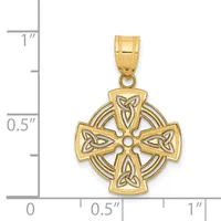 Gold Celtic cross pendant with interlocking trinity knot designs on each arm, displayed against a measurement scale.