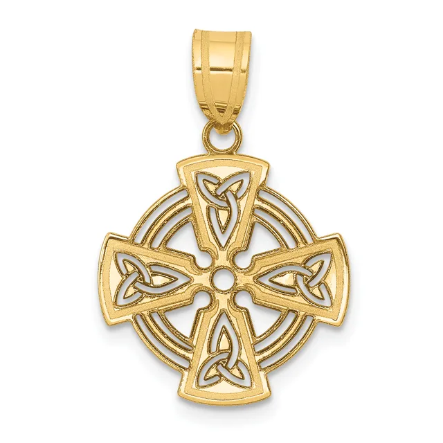 Gold Celtic cross pendant with interlocking trinity knot designs on each arm and a circular decorative border, shown with a bail loop at the top.