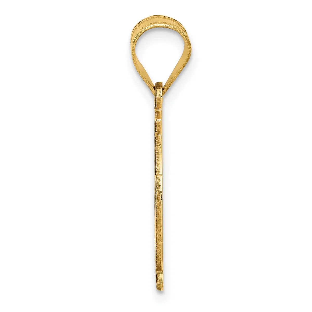 A gold teardrop-shaped pendant with a long stem, displayed against a white background.
