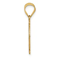 A gold teardrop-shaped pendant with a long stem, displayed against a white background.