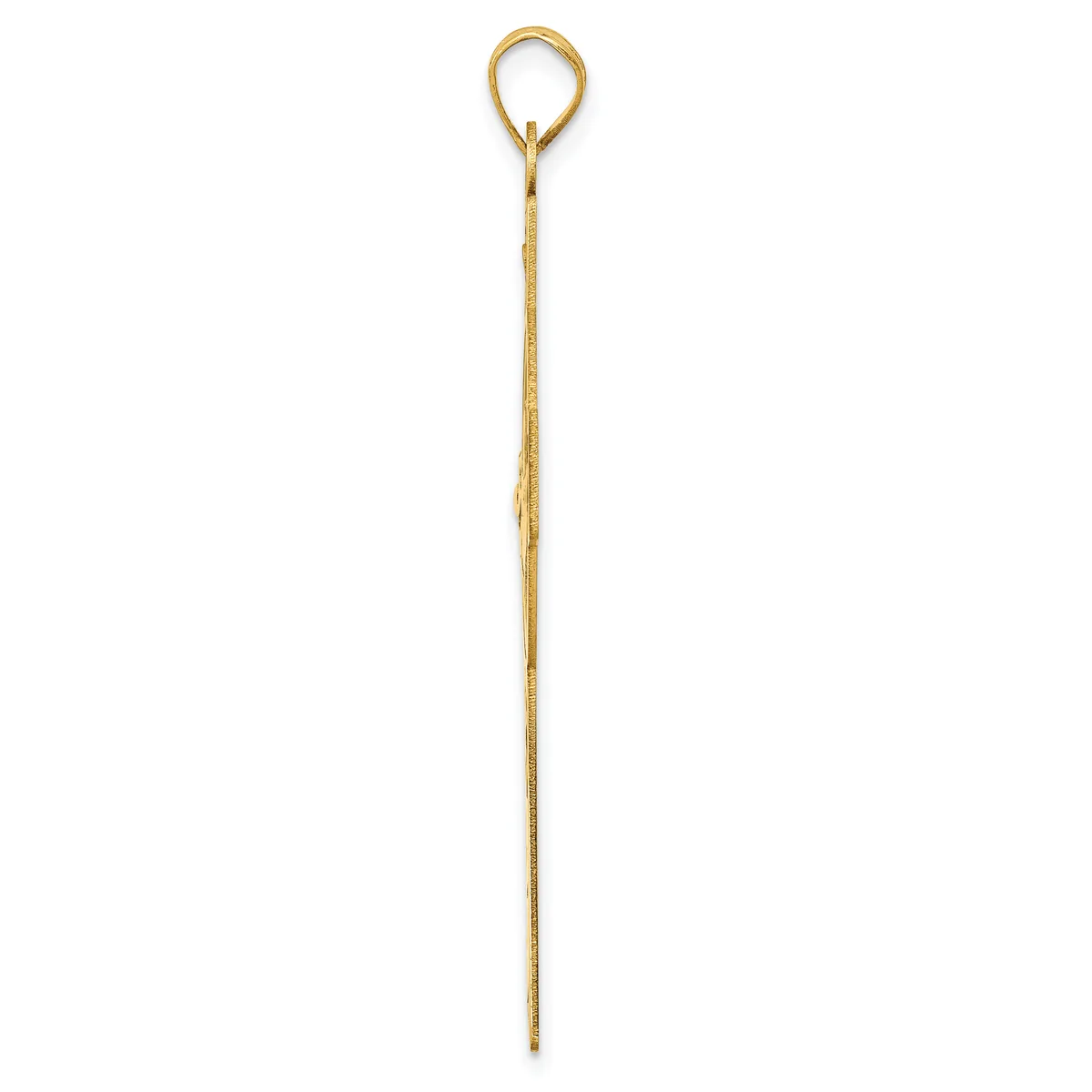 A long, thin gold chain with a loop at the top end, shown hanging vertically against a white background.