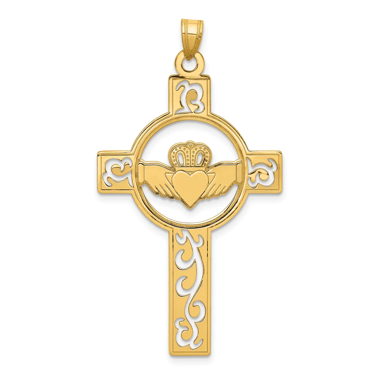 Gold cross pendant with decorative scrollwork featuring a Claddagh symbol (crowned heart with hands) in a circular center medallion.
