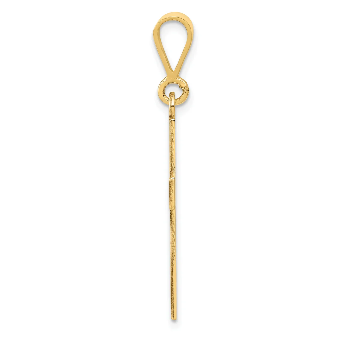 A gold-colored teardrop bail pendant with a long straight stem, shown suspended against a white background.