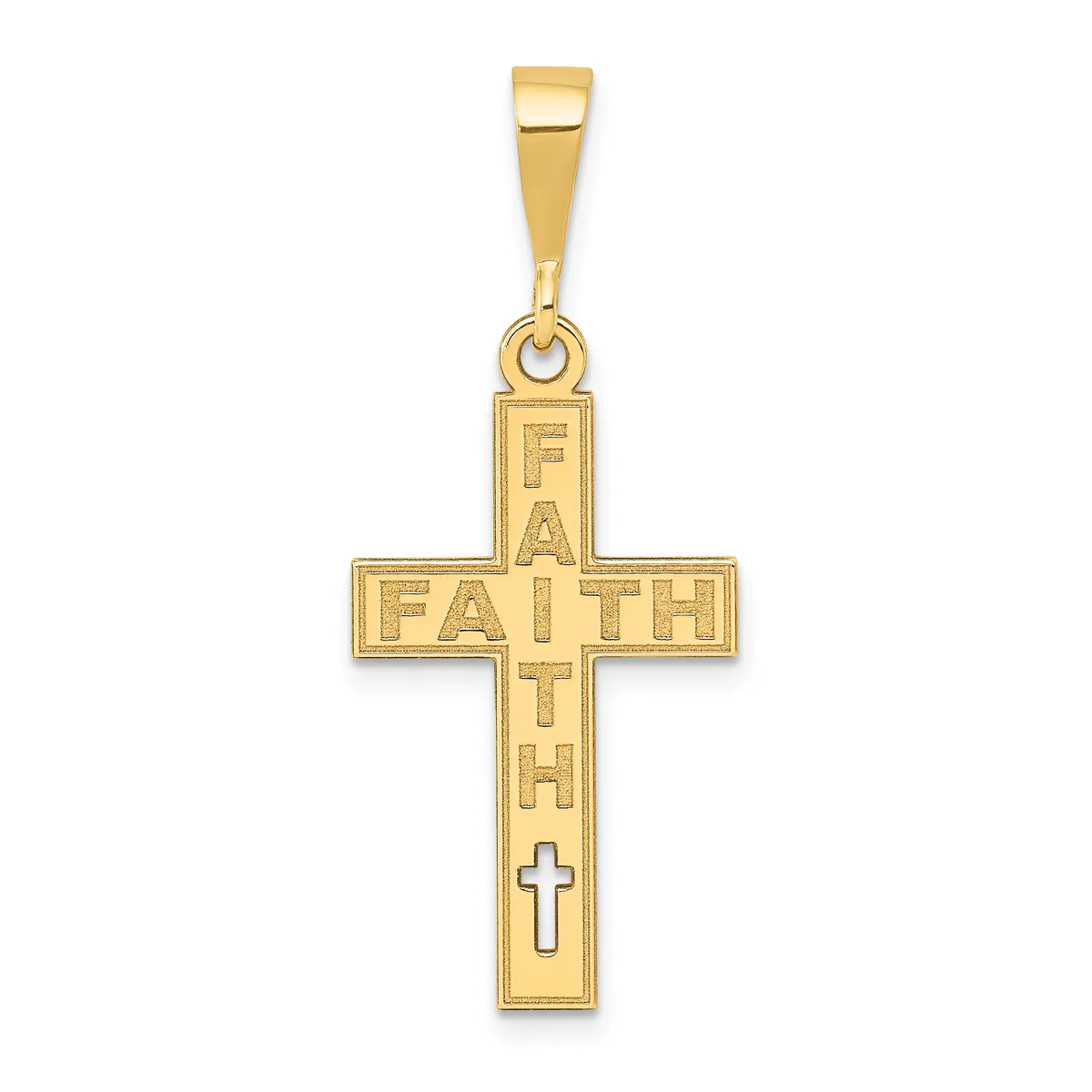 Gold cross pendant with "FAITH" engraved horizontally across the center and a small cross cutout near the bottom, suspended from a rectangular bail.
