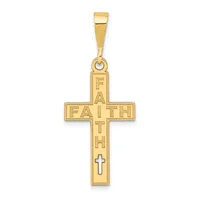 Gold cross pendant with "FAITH" engraved horizontally across the center and a small cross cutout near the bottom, suspended from a rectangular bail.