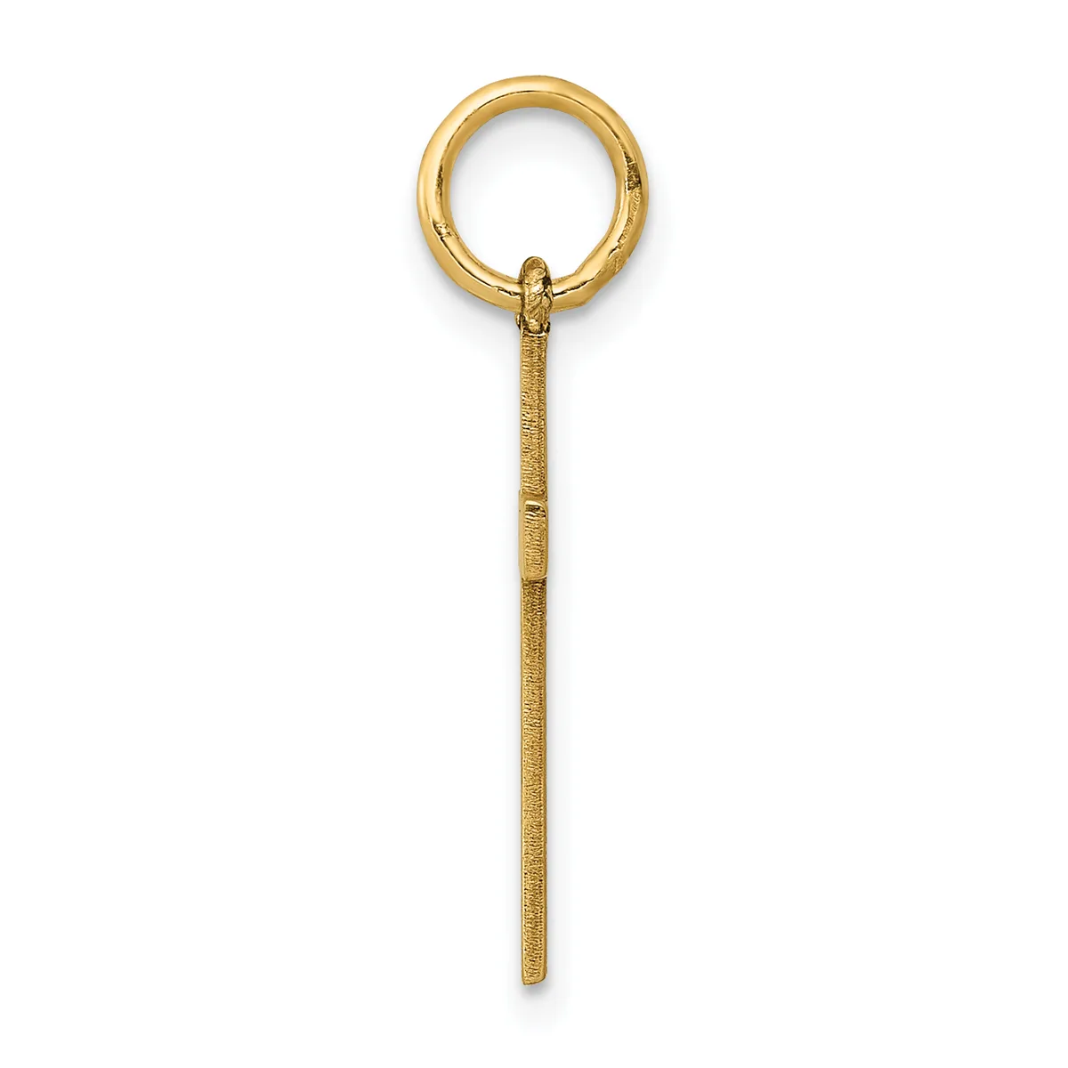 A gold-toned metal pendant consisting of a circular ring attached to a long textured shaft with a small hallmark near the top.