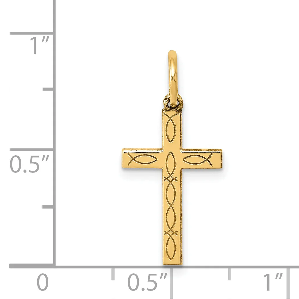Gold cross pendant with decorative etched line pattern throughout, shown next to a ruler indicating approximately one inch in height.