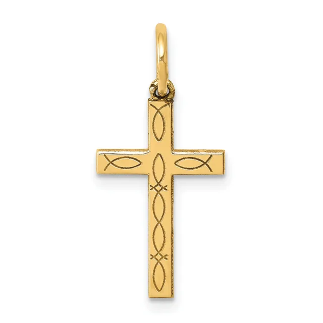 A gold cross pendant with decorative etched fish and interlocking pattern designs on its surface, displayed against a white background.