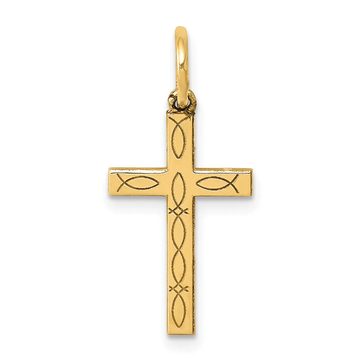 A gold cross pendant with decorative etched fish and interlocking pattern designs on its surface, displayed against a white background.