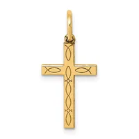 A gold cross pendant with decorative etched fish and interlocking pattern designs on its surface, displayed against a white background.