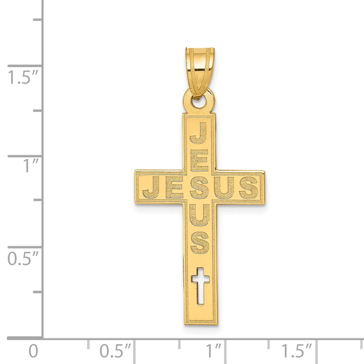 Gold cross pendant with "JESUS" inscribed vertically and a small cross at the bottom, shown against a ruler measuring approximately 1.25 inches tall.