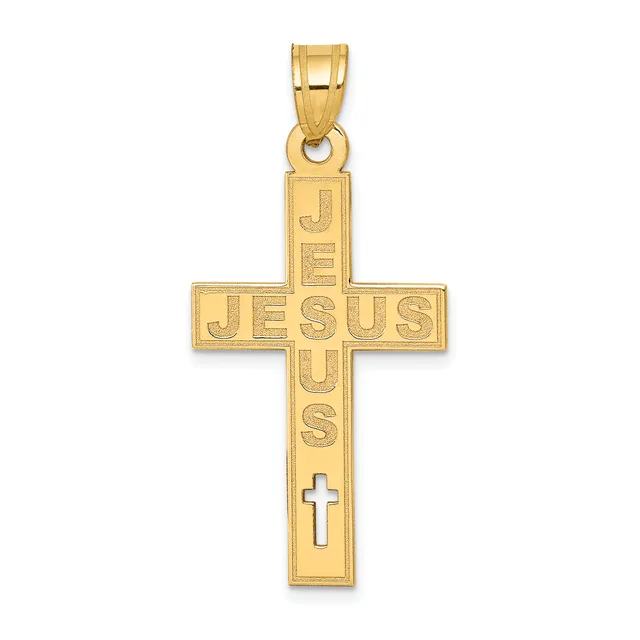 Gold cross pendant with "JESUS" inscribed vertically and a small cross cutout near the bottom, shown against a white background.