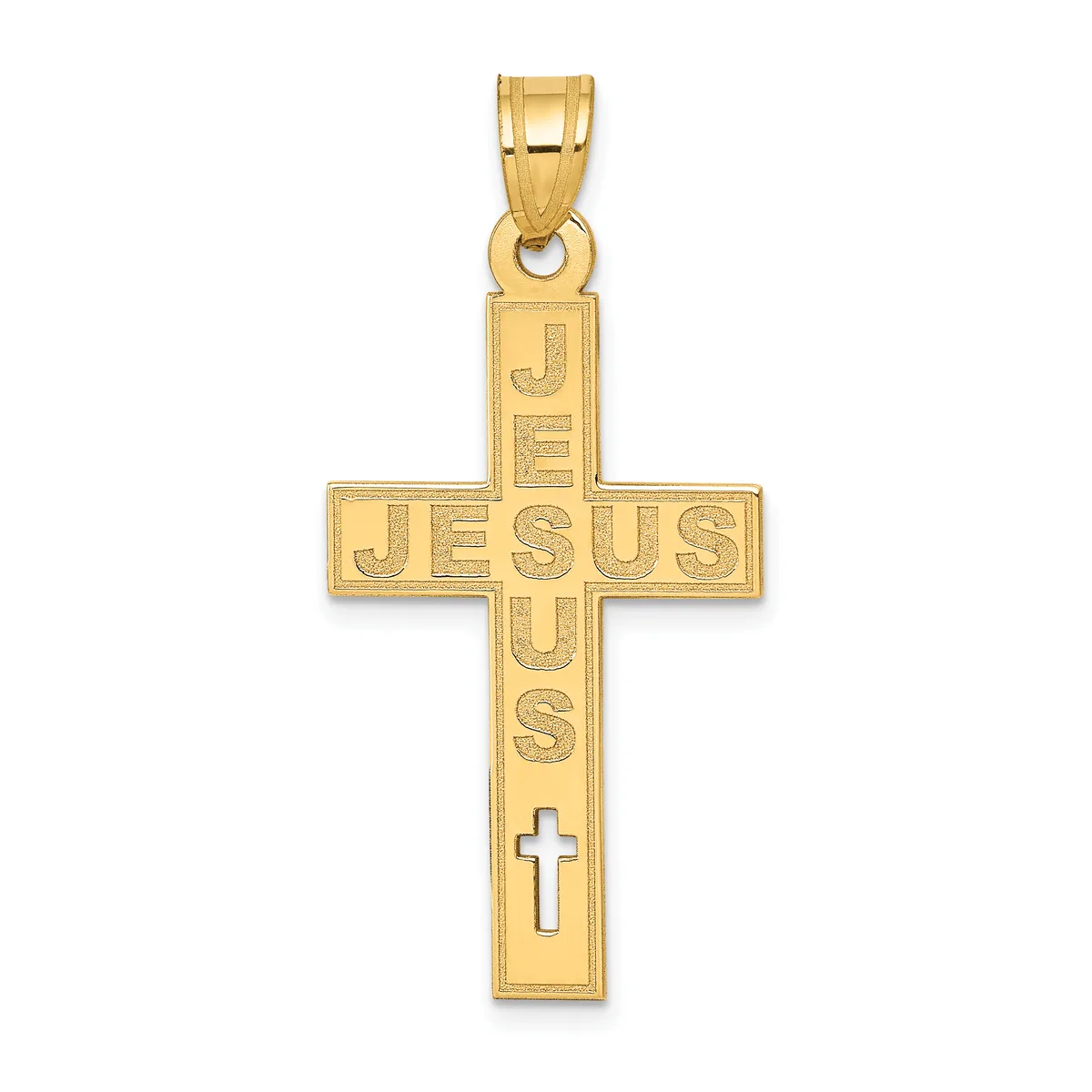 Gold cross pendant with "JESUS" inscribed vertically and a small cross cutout near the bottom, shown against a white background.
