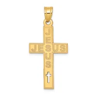 Gold cross pendant with "JESUS" inscribed vertically and a small cross cutout near the bottom, shown against a white background.