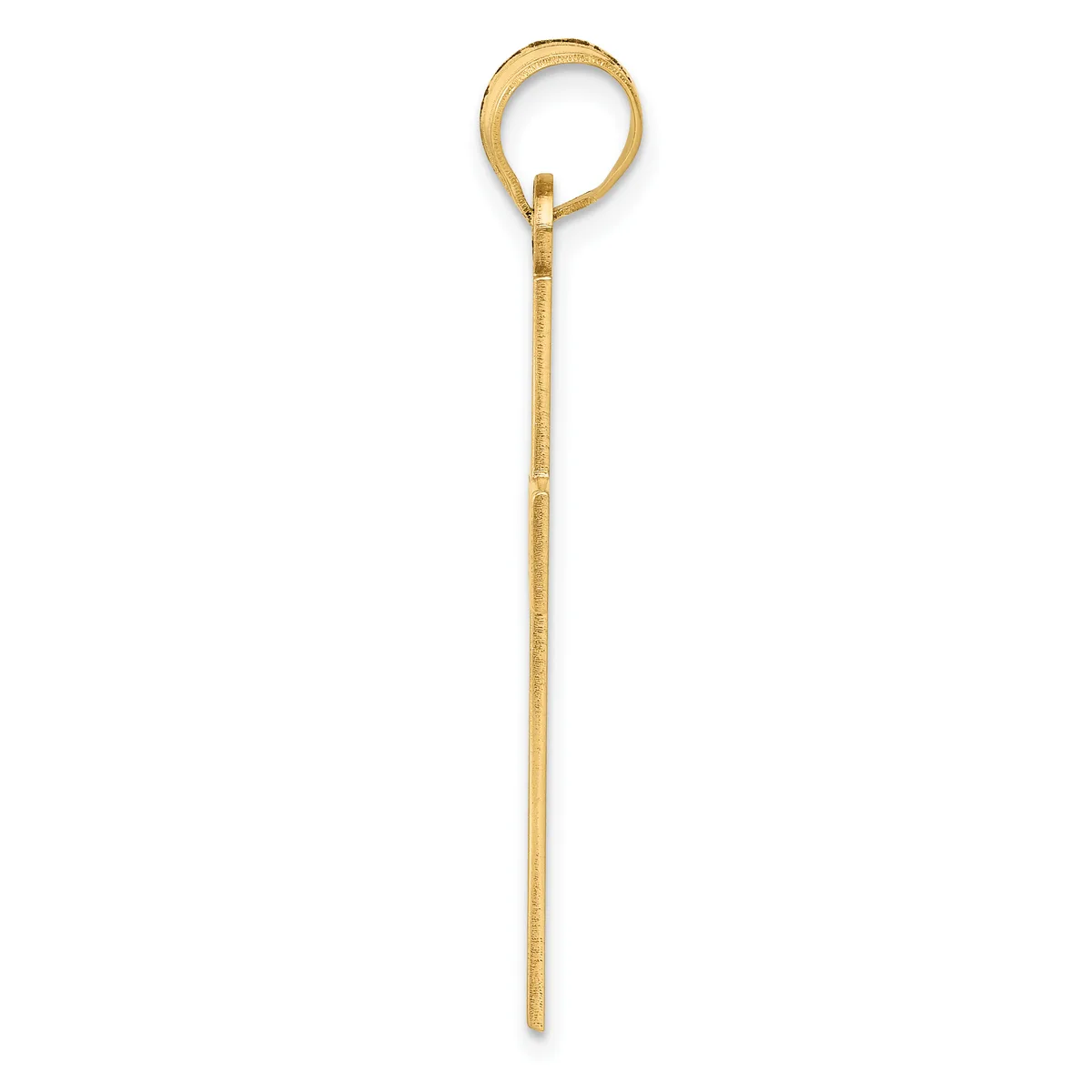 A long, thin gold pendant with a small loop at the top and textured surface, shown hanging vertically against a white background.