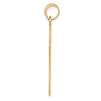 A long, thin gold pendant with a small loop at the top and textured surface, shown hanging vertically against a white background.