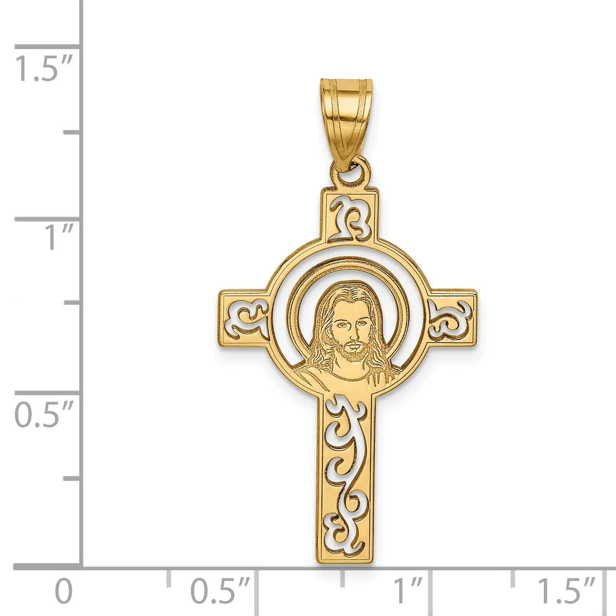 Gold cross pendant featuring a portrait of Jesus Christ in a circular medallion at the center, with decorative scrollwork on the arms, shown next to a measurement scale.