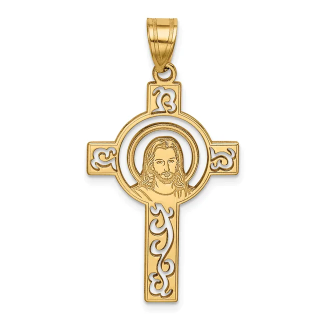 Gold cross pendant with ornate scrollwork featuring a portrait of Jesus Christ in a circular medallion at the center.