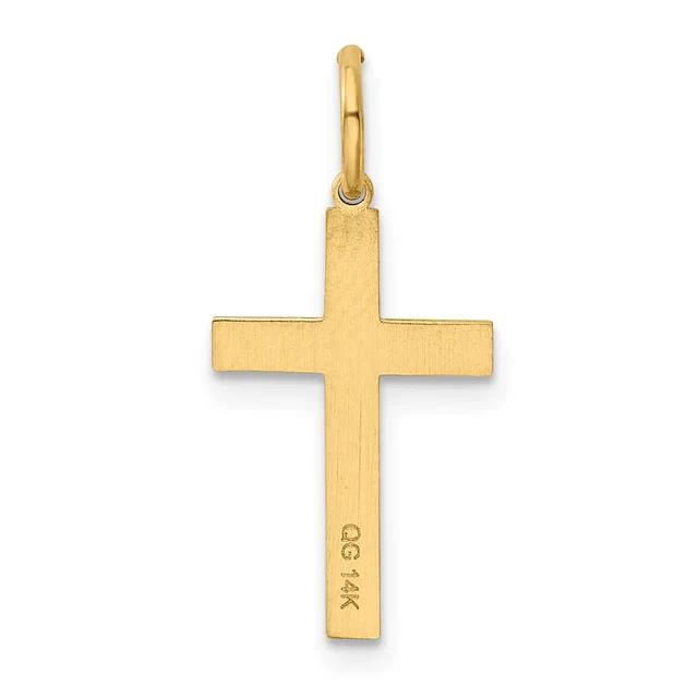 A polished gold cross pendant with a rounded loop at the top and a small stamped hallmark on the lower shaft.