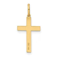 A polished gold cross pendant with a rounded loop at the top and a small stamped hallmark on the lower shaft.
