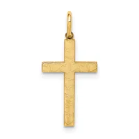 A gold cross pendant with a textured heart pattern surface and a loop at the top for hanging or attaching to a chain.