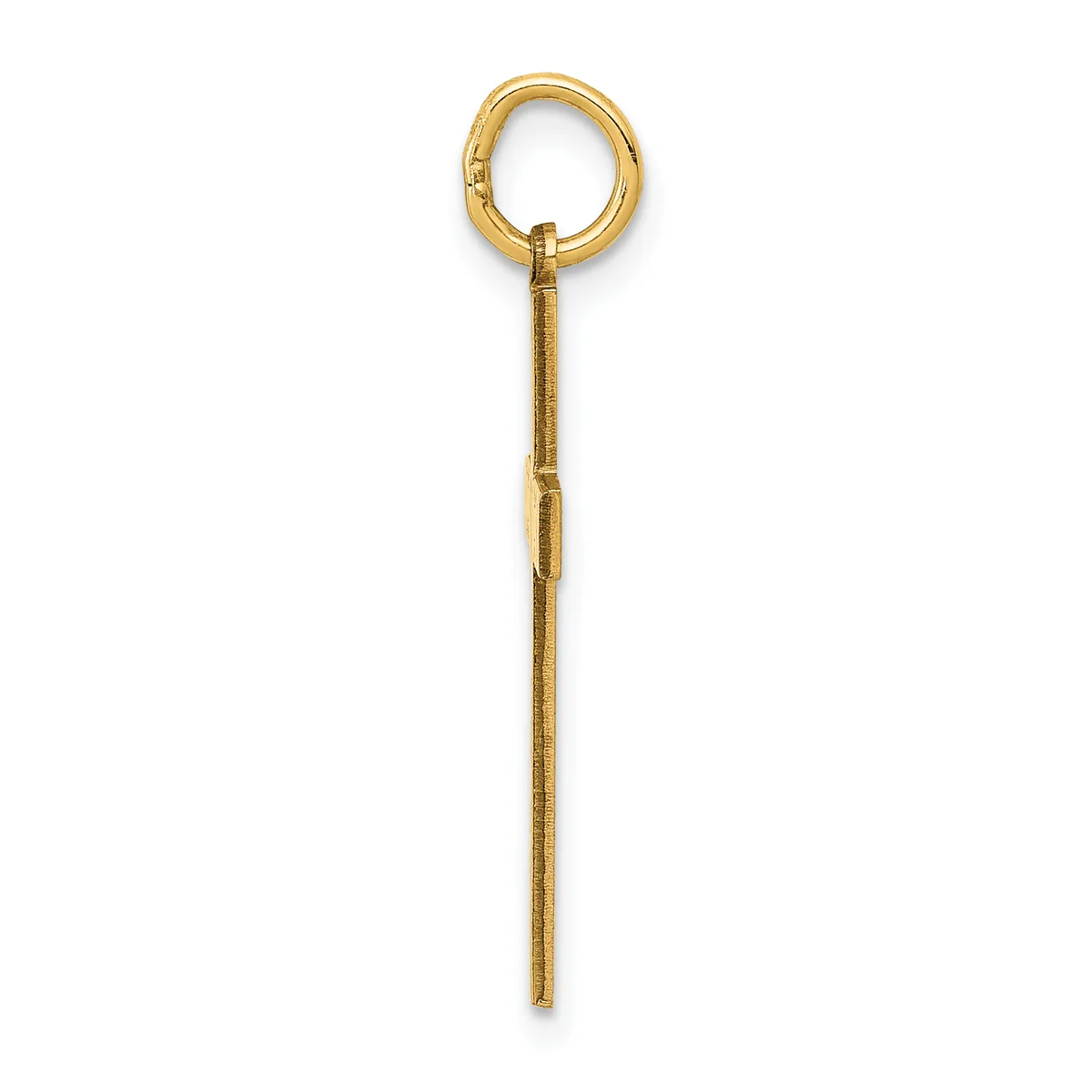 A long gold rod pendant with a circular loop at the top, shown against a white background.