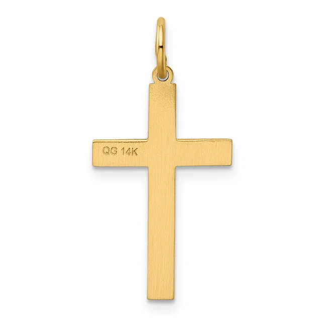 A brushed gold cross pendant with a small stamped hallmark on the horizontal arm, suspended from a gold loop bail.
