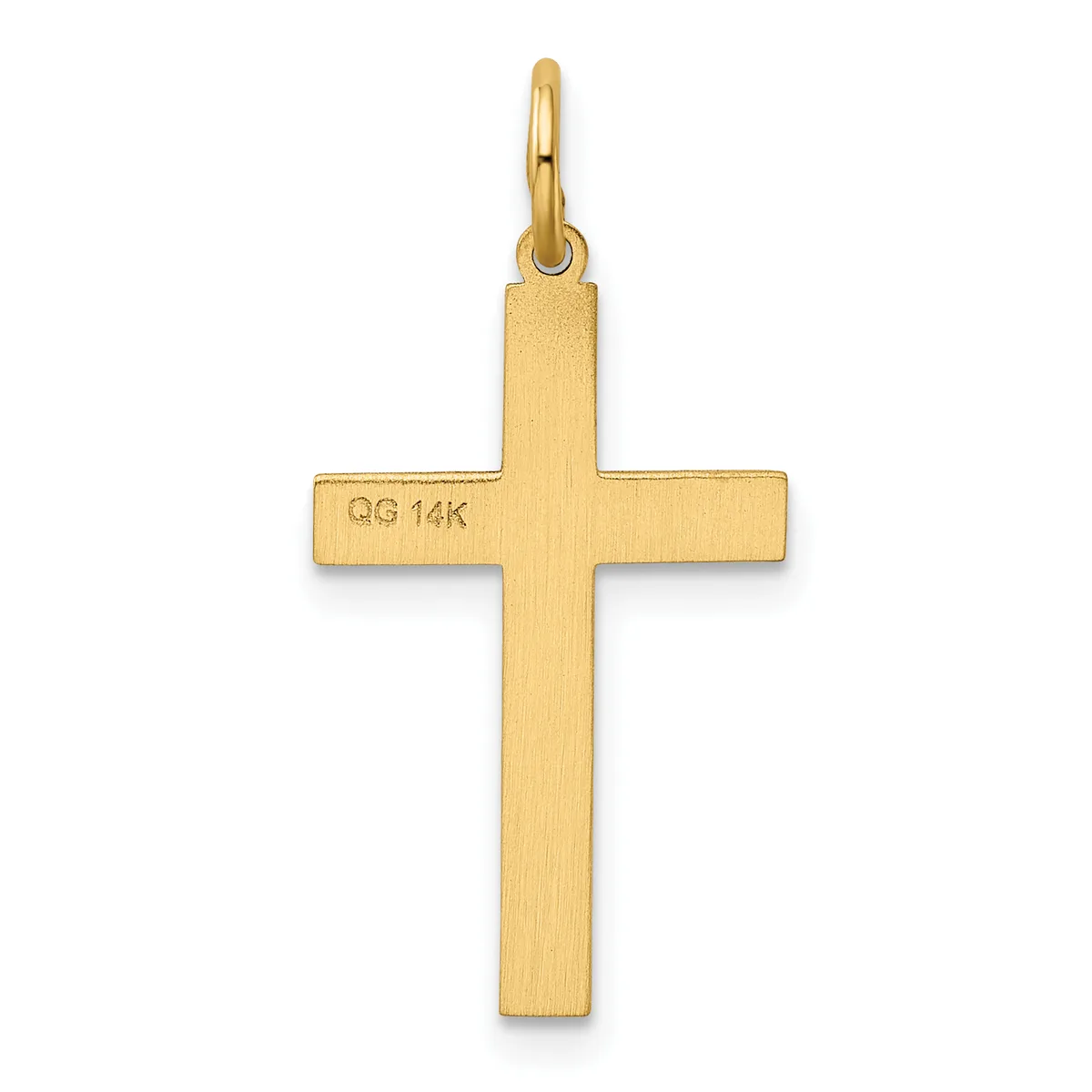 A brushed gold cross pendant with a small stamped hallmark on the horizontal arm, suspended from a gold loop bail.
